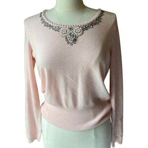 Parisian Signature Pink Beaded Pearl Rhinestone Knit Sweater Womens Medium